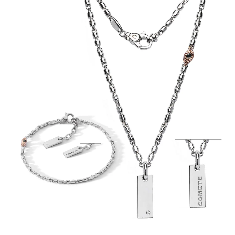 Comete Bracciale e Collana in argento lucido e rosè, Diamante e Spinelli neri KIT7521260