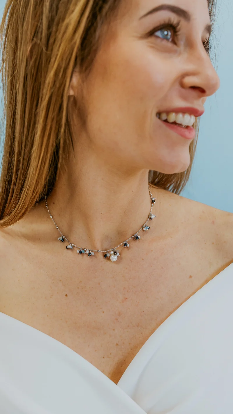 Comete Girocollo Argento 925‰ con Acquamarina, pietre blu e Perle acquadolce GLA271