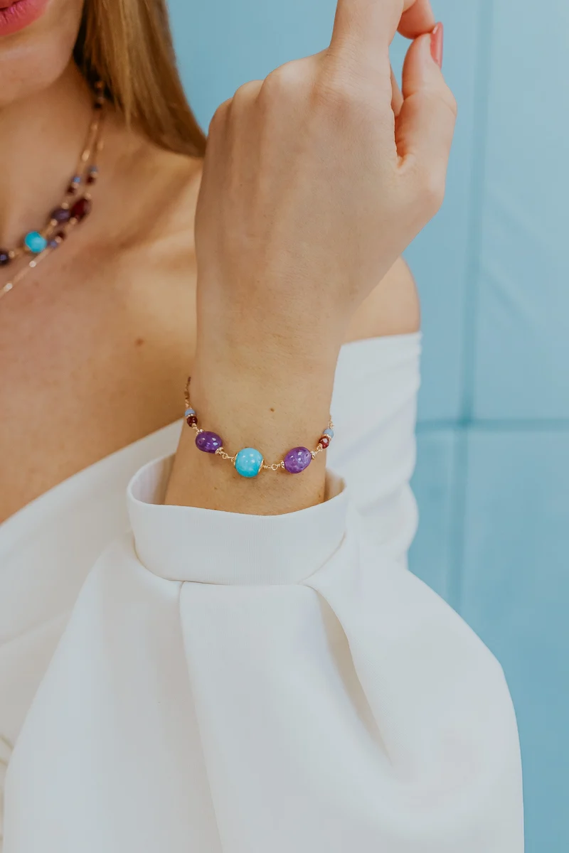 Comete Bracciale Argento 925‰ con Ametista, Giada e Agata colorate BRA274