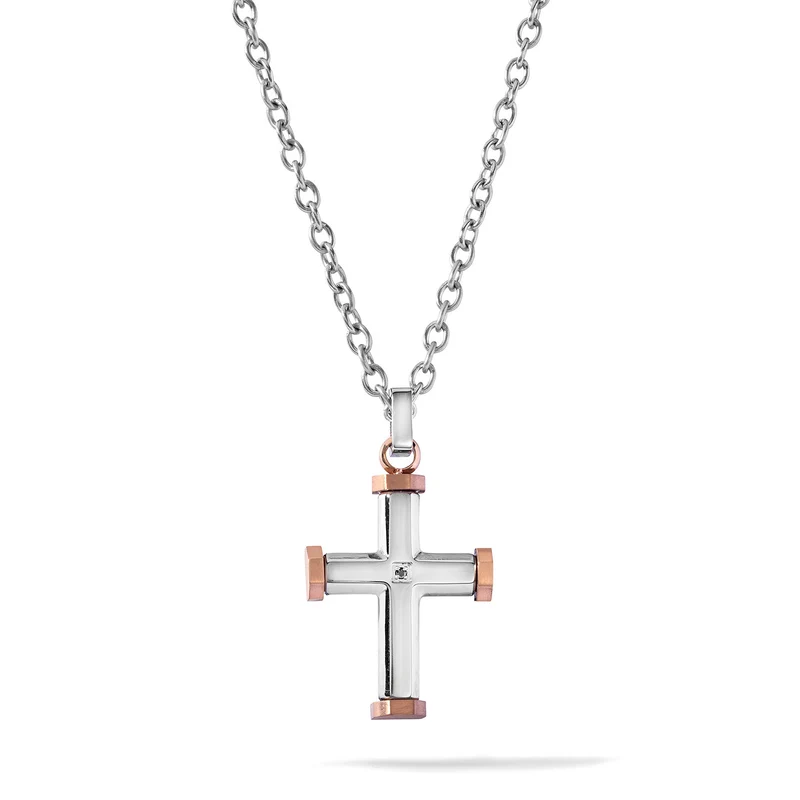 Comete Collana con Croce in acciaio, pvd rosè e zircone nero UGL757