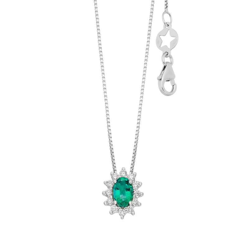 Comete Collana in Oro bianco con Diamanti e Smeraldo ovale GLB1702S3