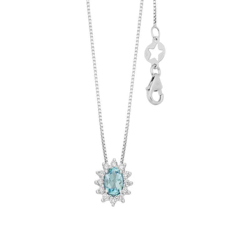 Comete Collana in Oro bianco con Diamanti e Acquamarina ovale GLQ321