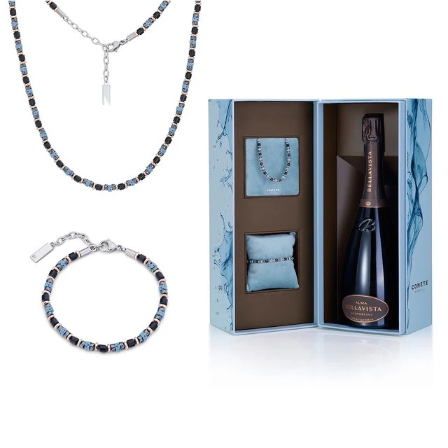 Comete Regalo Divino Kit collana e bracciale acciaio ematite pietra lavica e diamante KITGVSFERE