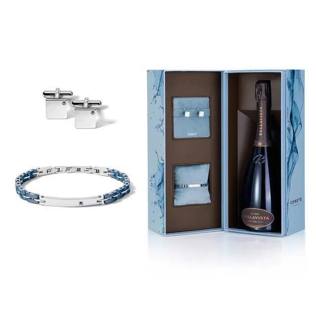 Comete Regalo Divino Kit bracciale acciaio ceramica e gemelli zaffiro blu KITGVZAF