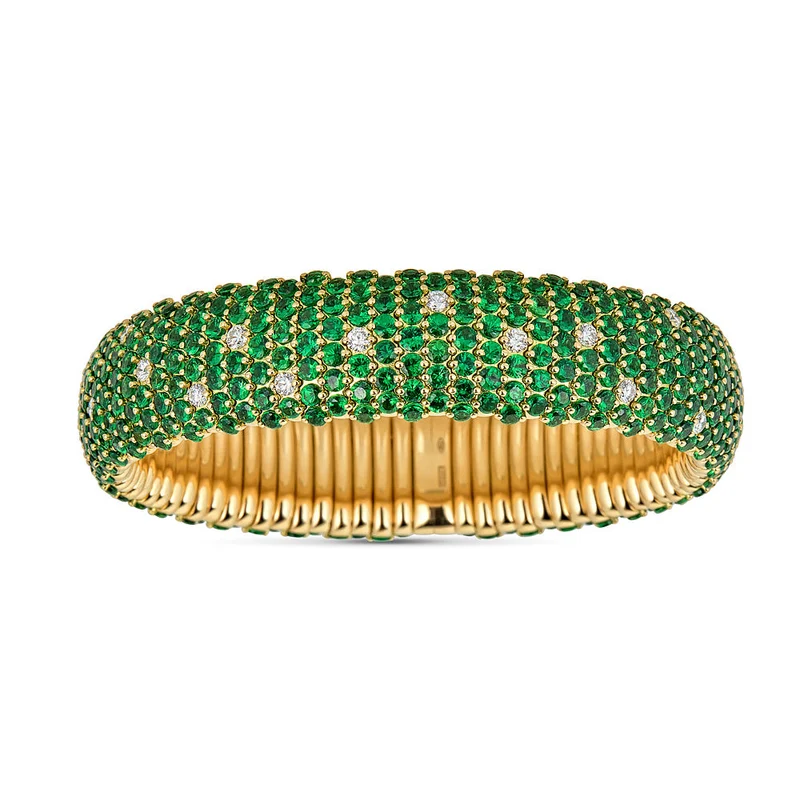 Zydo bracciale elastico bombato in tsavorite di medie dimensioni con diamanti oro giallo 59004