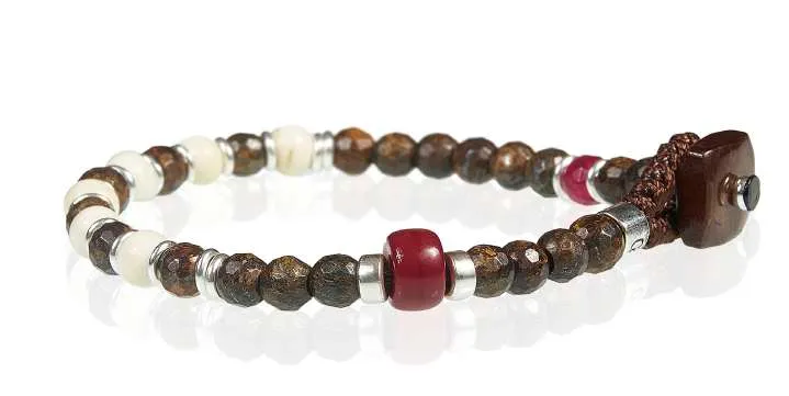 Gerba bracciale realizzato con filo cerato, pietre dure, ceramiche, murrine, osso e ag WBROWN01
