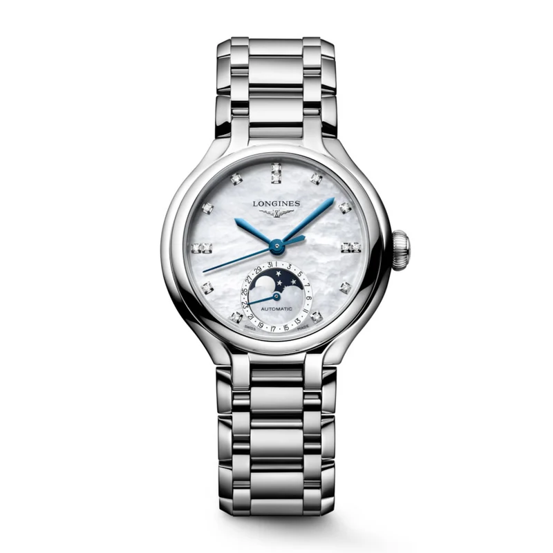 Longines orologio Primaluna Moonphase 34mm madreperla diamanti automatico acciaio L8.126.4.87.6