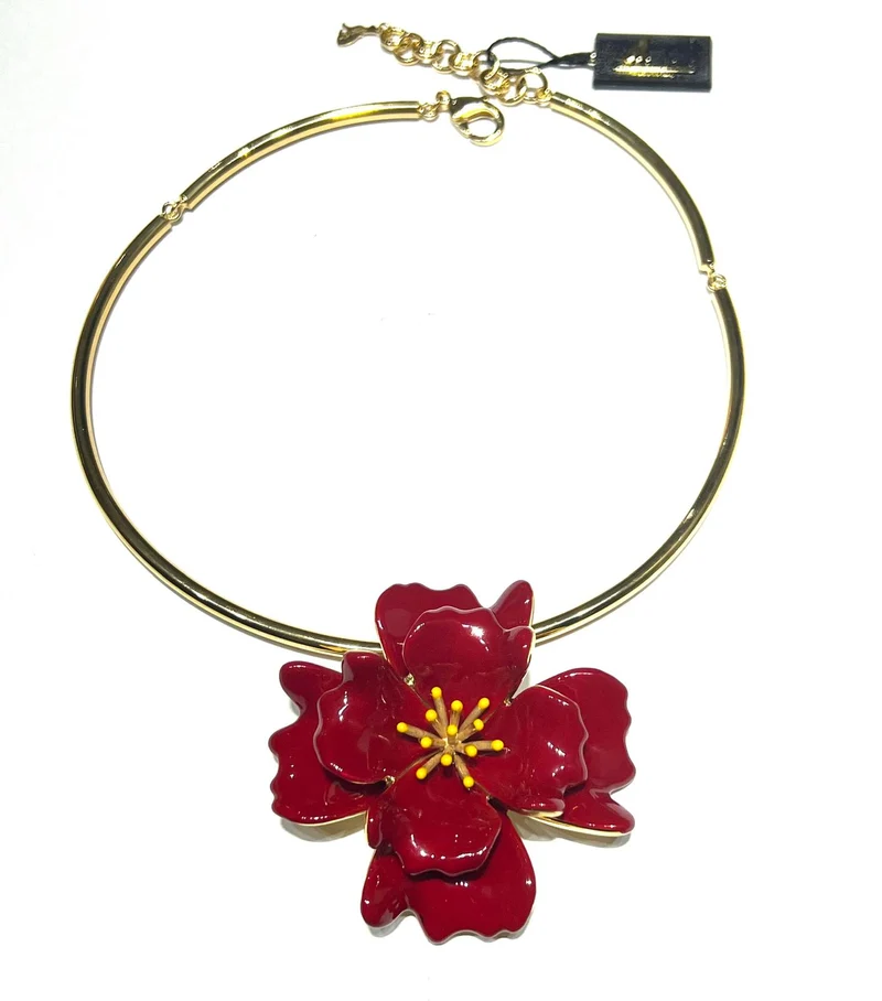 Federica Rossi collana girocollo Fiore 8 petali bronzo finitura PVD oro giallo 18kt smalto rosso FR.CO.29