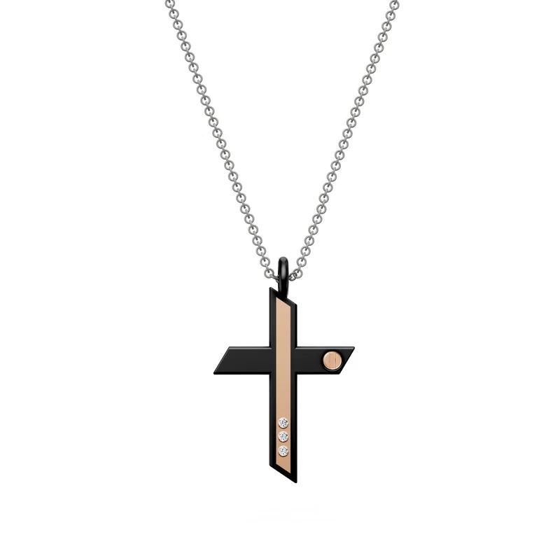 World Diamond Group collana croce con tre diamanti, in titanio nero e catena grigia, con inserti in oro rosa 18kt, barretta lunga GDCR02O3DINE