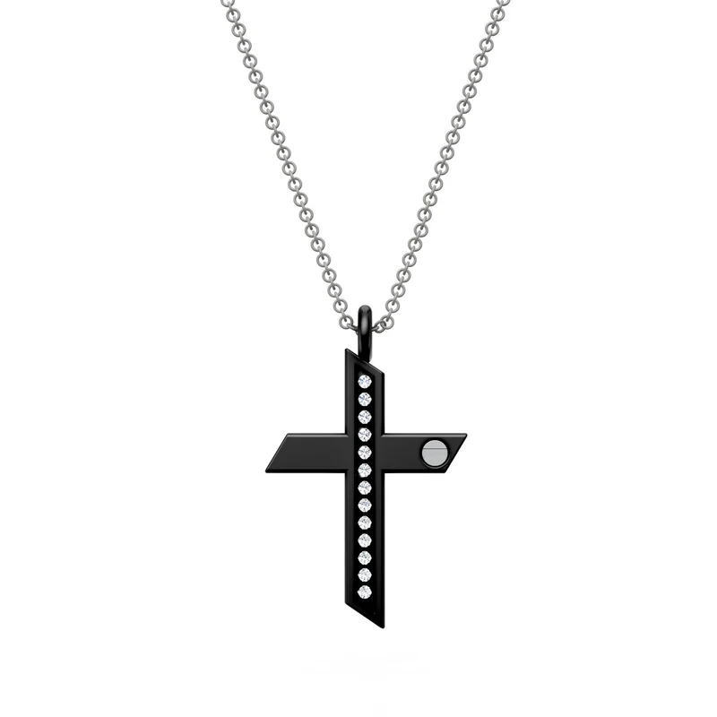 World Diamond Group collana croce con diamanti in titanio nero e catena grigia, con inserti in platino GDCR01PTDINE