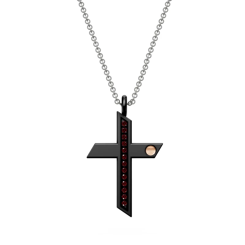 World Diamond Group collana croce con rubini in titanio nero e catena grigia, con inserti in oro rosa 18kt GDCR01O3RUNE