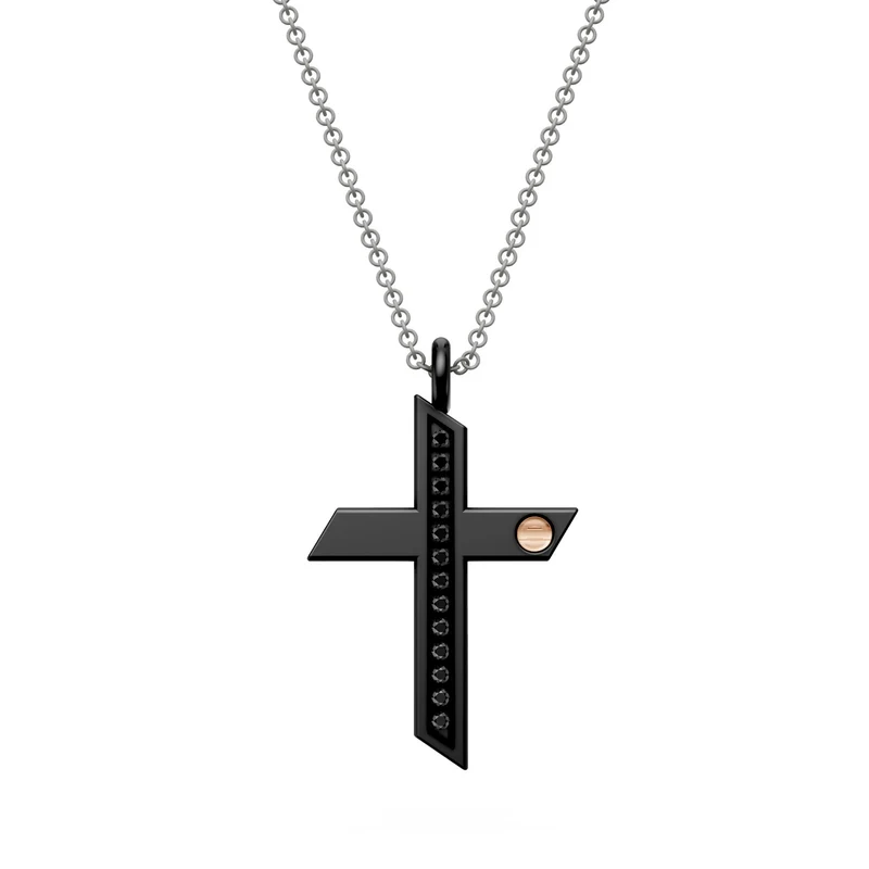World Diamond Group collana croce con diamanti black in titanio nero e catena grigia, con inserti in oro rosa 18kt GDCR01O3BKNE