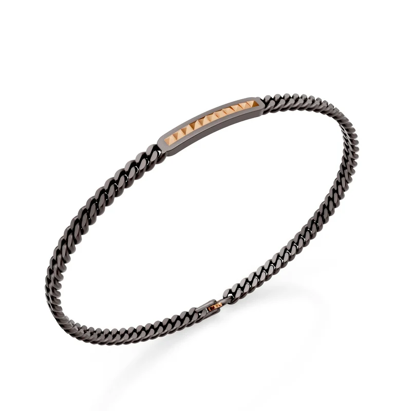 World Diamond Group bracciale groumette in titanio grigio, con barretta centrale ed inserto con elementi piramidali in oro rosa 18k, 18,5cm GBR051O3GR-185