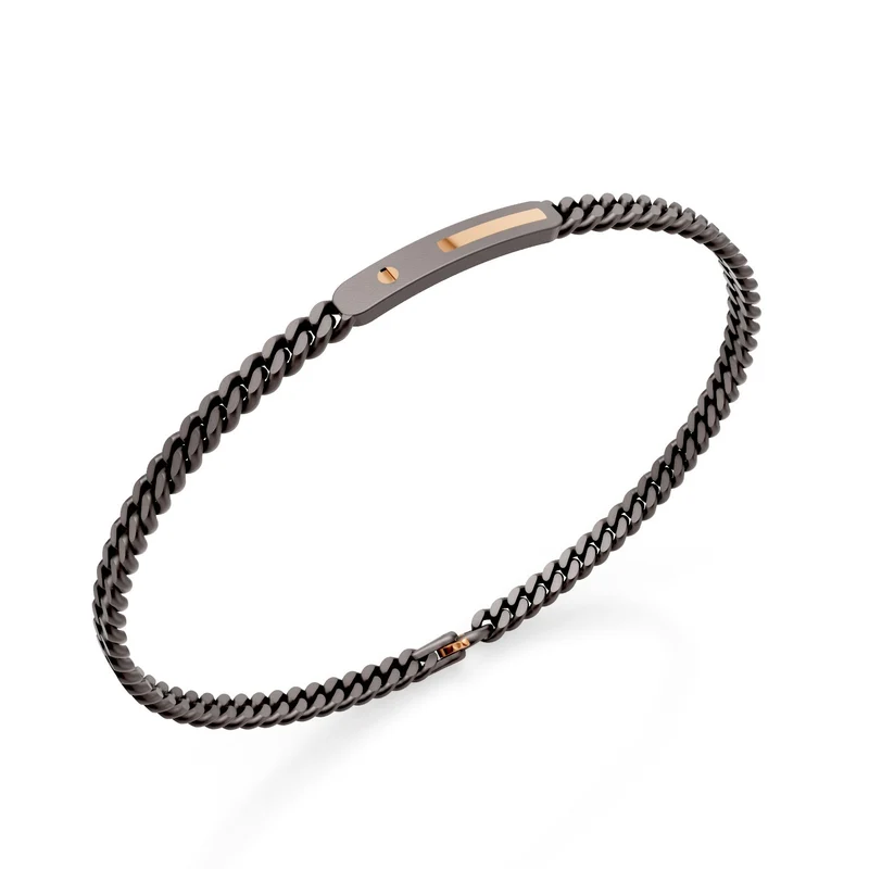 World Diamond Group bracciale groumette in titanio grigio, con barretta centrale ed inserti in oro rosa 18k, barretta e vite, 17,5cm GBR050O3GR-175
