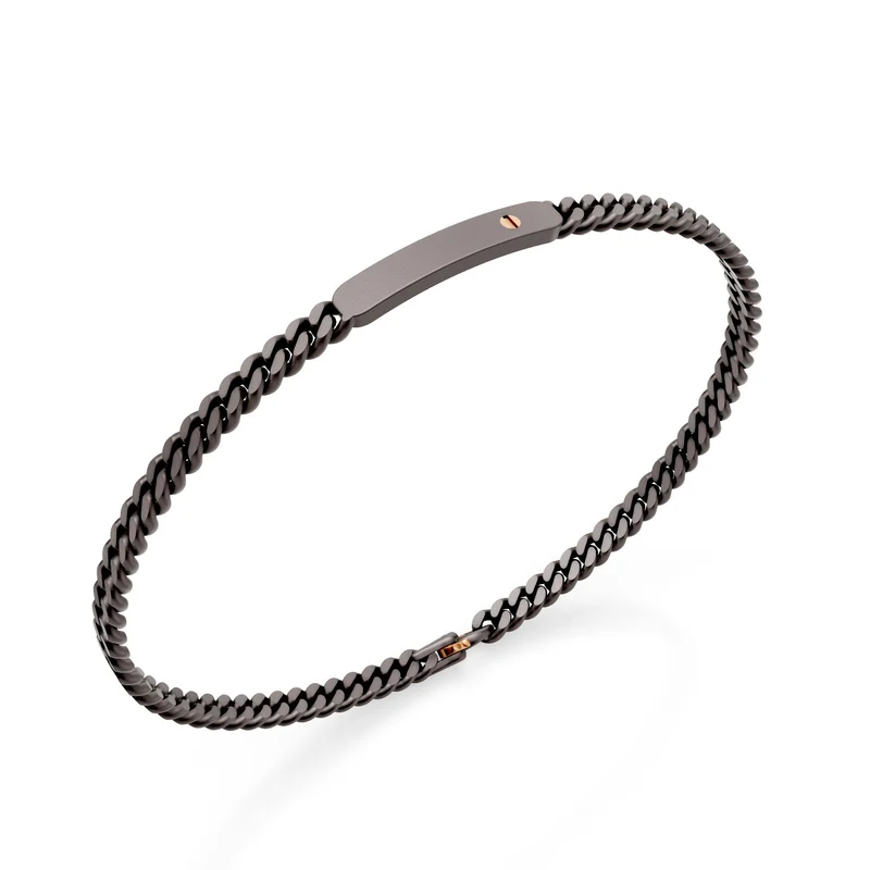 World Diamond Group bracciale groumette in titanio grigio, con barretta centrale ed inserto a vite in oro rosa 18k, 18cm GBR048O3GR-180