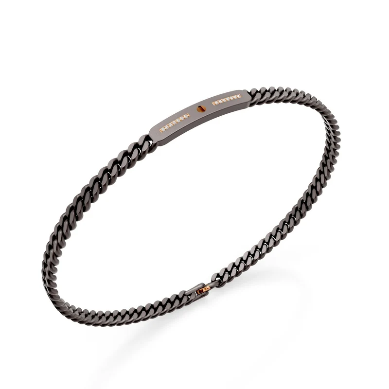 World Diamond Group bracciale groumette in titanio grigio, con barretta centrale, inserti lineari incassati con diamanti e vite in oro giallo 18k, 18,5cm GBR047O1DIGR-185