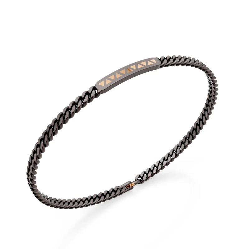 World Diamond Group bracciale groumette in titanio grigio, con barretta centrale ed inserti triangolari in oro rosa 18k, 18cm GBR046O3GR-180