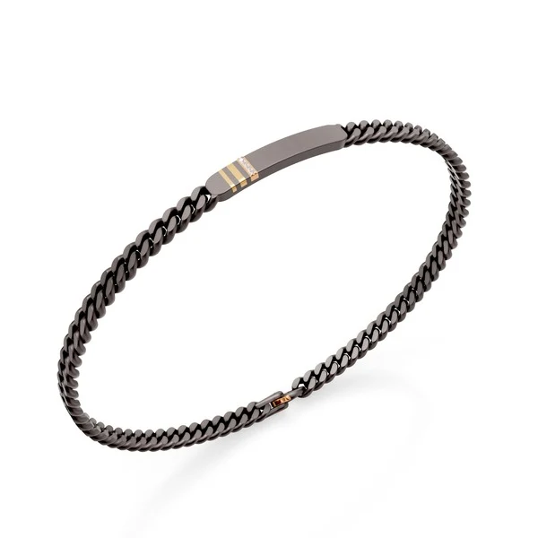 World Diamond Group bracciale groumette in titanio grigio, con barretta centrale, inserti lineari in oro rosa 18k, uno in oro giallo 18k, incassato con diamanti, 18cm GBR044O7DIGR-180