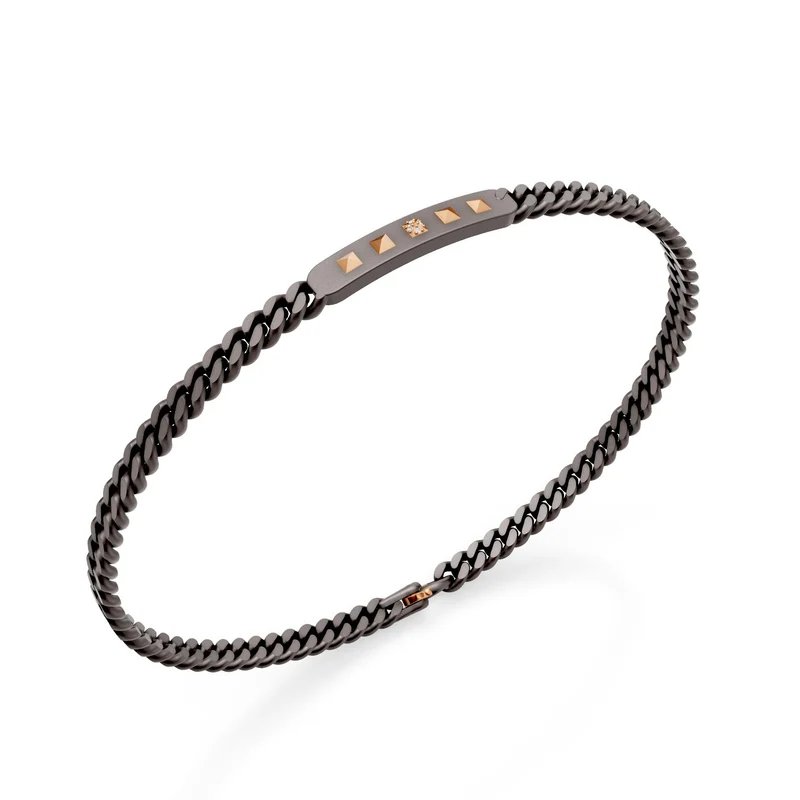 World Diamond Group bracciale groumette in titanio grigio, con barretta centrale ed inserti a piramide in oro rosa 18k, di cui la centrale incassata con diamanti, 18,5cm GBR043O3DIGR-185
