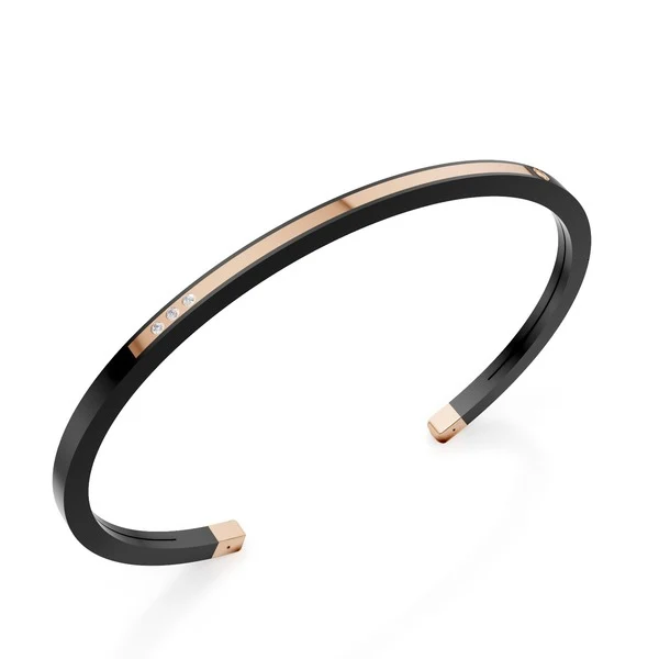World Diamond Group bracciale schiava in titanio nero, con una tre diamanti e inserti in oro rosa 18kt, con barretta lunga GBR037O3DINE